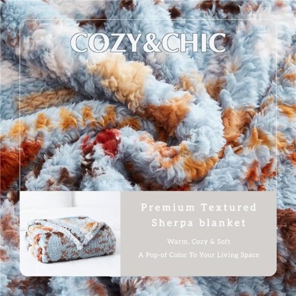 Boho Sherpa Throw Blanket Aztec Blue Grey Ultra Soft Warm Cozy Plush Fleece NEW - Picture 4 of 5